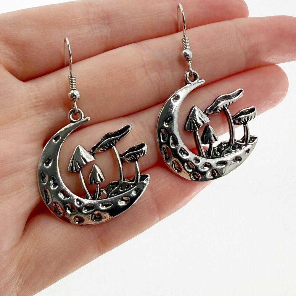 Silver Mushroom Moon Dangle Earrings | Crescent Moon Forest Fairy Jewelry